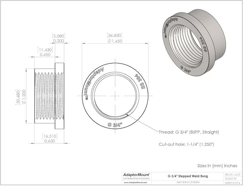 AdaptorMount G 3/4" (BSPP) Stainless Steel 304 Female Threaded Stepped Weld Bung Mounting Fitting (OD 1.2") with Top Head (OD 1.5") - Image 5